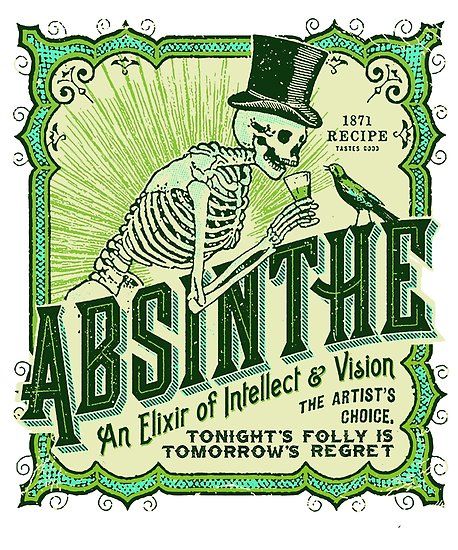 Absinthe Label, skeleton, Elixir, Tonight’s Folly is Tomorrow’s Regret, The artist Choice, An Elixir of Intellect & Vision. • Also buy this artwork on wall prints, apparel, stickers, and more. Green Fairy Absinthe, Absinthe Art, Arte Pulp, Whimsical Home, Rock N’roll, Desenho Tattoo, Absinthe, Vintage Iron, Poster Retro