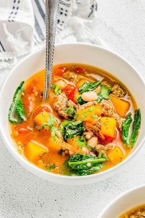 Squash And Sausage Soup, Butternut Squash And Sausage, Fish Pasta, Sausage Soup Recipes, Italian Sausage Soup, Chicken And Butternut Squash, Butternut Squash Recipes Soup, Ground Italian Sausage, Roasted Butternut Squash Soup