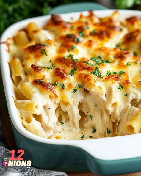 Cheesy Chicken Alfredo Pasta Bake Cheesy Chicken Alfredo Casserole, Chicken Alfredo Pasta Bake, Penne Bake, Chicken Ziti, Chicken Alfredo Bake Recipe, Cheesy Chicken Alfredo, Creative Dinner Ideas, Alfredo Pasta Bake, Creative Dinner