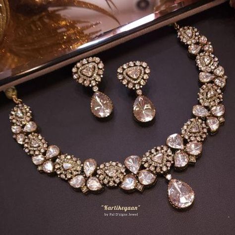 Kartikeyaan Moissanite Polki Necklace Set Real Polki Sets, Jewllery Ideas, Moissanite Jewellery, Polki Necklace Set, Indian Wedding Jewelry Sets, Modern Gold Jewelry, Necklace Set Indian, Diamond Necklace Designs, Jewel Wedding