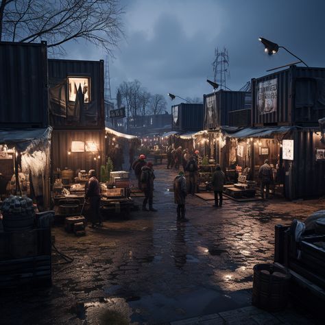 Post Apocalyptic Neighborhood, Apocalypse Shelter Aesthetic, Apocalyptic City Aesthetic, Apocalypse Group Aesthetic, Apocalypse Town Concept Art, Apocalyptic World Art, Apocalypse City Concept Art, Post Apocalyptic Landscape Concept Art, Post Apocalyptic Setting