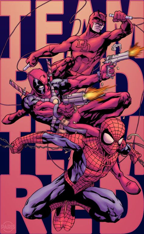 Team Red Marvel Wallpaper, Spider Man Deadpool Daredevil, Daredevil Deadpool Spiderman, Spider Man And Deadpool Wallpaper, Team Red Marvel Fanart, Team Red Marvel, Deadpool Y Spiderman, Deadpool Art, Marvel Knights