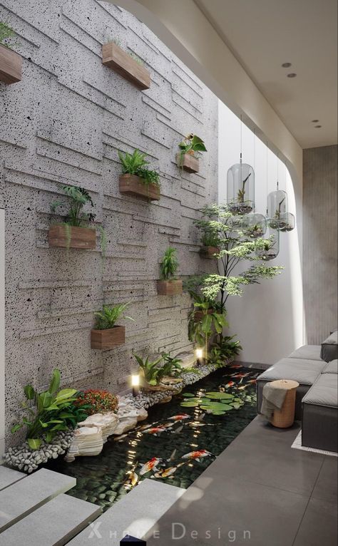 Indoor Ots Design, Ots Wall Design In House, Dry Garden Under Staircase, Small Water Body In House, Small Courtyard Ideas Inside House, Ots Design Ideas, Courtyard With Staircase, Kolam Ikan Aesthetic, Courtyard Ideas Inside House