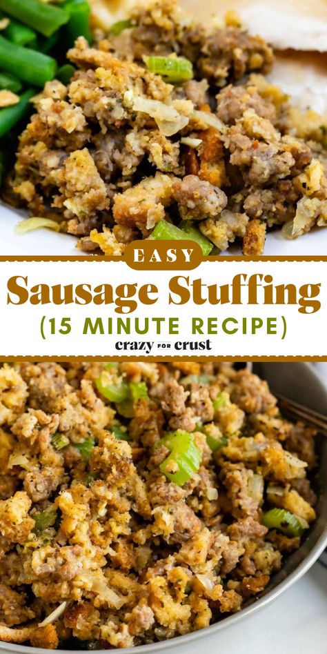 A quick and easy sausage stuffing in just 15 minutes! You're going to love this Thanksgiving side dish recipe that doctors up a boxed stuffing mix with Italian sausage and herbs. No one at your Thanksgiving dinner party will know that it's semi-homemade! Italian Stuffing Recipes, Italian Sausage Stuffing Thanksgiving, Italian Stuffing, Easy Sausage Stuffing, Sausage Stuffing Thanksgiving, Italian Sausage Stuffing, Turkey Dinner Sides, Boxed Stuffing, Box Stuffing