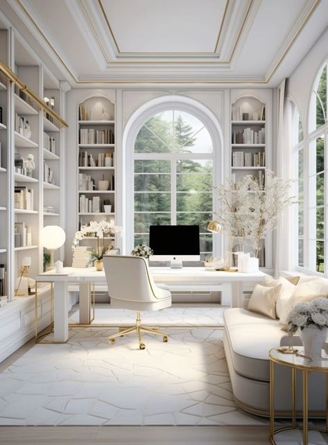 Feminine Home Offices, Cozy Home Office, Home Library Design, White Living, White Living Room, Home Office Setup, Home Office Space, Dream House Interior, Office Organization