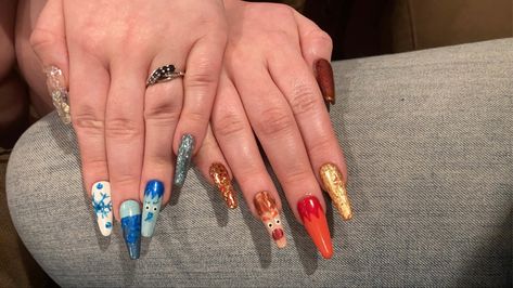 Miser brother inspired press ons Miser Brothers Nails, Heat Miser And Snow Miser Nails, Miser Brothers, Snow Miser, Heat Miser, Brother Christmas, Press Ons, Christmas Nail, Performing Arts