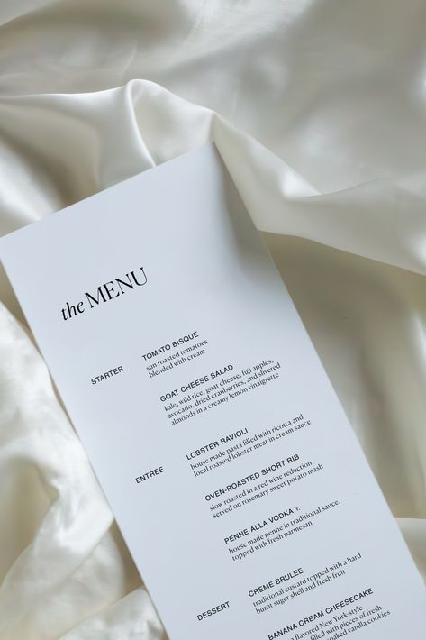 Menu Wedding Ideas, Day Of Stationary Wedding, Minimalist Menu Design, Wedding Menu Design Elegant, Modern Wedding Menu Cards, Luxury Menu Design, Elegant Wedding Menu Cards, Minimalist Menu Wedding, Minimalist Wedding Menu Design