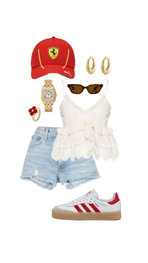 #outfitinspo #f1 #f1ferrari #grandprix Race Outfit, Race Day Outfits, Clothing Upcycle, Color Combos Outfit, Cute Preppy Outfits, Easy Trendy Outfits, Cute Comfy Outfits, Young Fashion, Preppy Outfits