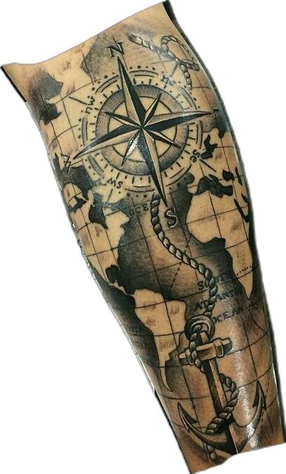 Navy Forearm Tattoo Men, Nautical Calf Tattoo Men, Men’s Calf Sleeve Tattoo, Marine Compass Tattoo, Map Tattoos Men, Compass Tattoo Men Sleeve, World Tattoo Men, World Map Tattoo Men, Nautical Leg Sleeve Tattoo