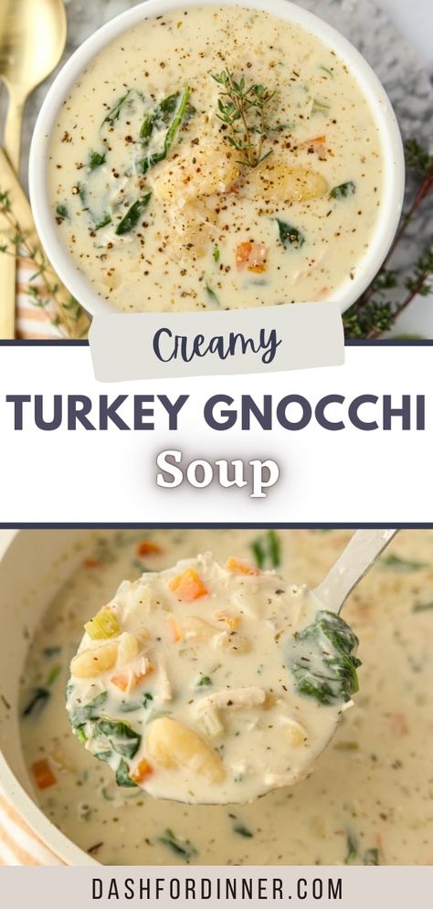 This creamy turkey and gnocchi soup is SO good, and the perfect way to use up leftover turkey. Filled with flavor, tender vegetables, and made quickly on the stovetop (or Instant Pot), this turkey soup recipe wins praise from all who try it! Whether you have Thanksgiving leftovers, or have some turkey from another holiday dinner, this cozy soup recipe is perfect for you. Turkey Gnocchi, Soup With Turkey Leftovers, Turkey Gnocchi Soup, Thanksgiving Turkey Soup, Creamy Turkey Noodle Soup, Thanksgiving Leftover, Leftover Turkey Soup Recipes, Leftover Turkey Recipes Crockpot, Leftover Thanksgiving Recipes