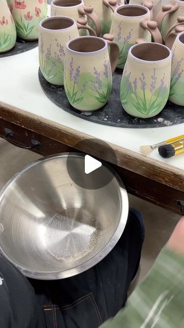 Christine Stangel on Instagram: "Final step.. Sgraffito time!  Sgraffito is a technique applying a layer of a contrasting color to the unfired moist clay surface and scratching through the top layer (white) to reveal the underlying layer of clay (brown). This technique gives each flower an added touch of definition with a subtle outline. These floral mugs go through quite the journey even before they head to the kiln for their first of two firings.  See previous reels for all the steps and thanks for being part of their journey! #csstangelpottery" Floral Mugs, Sgraffito Technique, Sgraffito, Kiln, Handmade Ceramics, The Journey, Contrasting Colors, Glaze, How To Apply