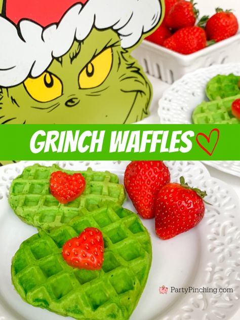 Creative Christmas Breakfast Ideas, Grinch Breakfast Food, The Grinch Breakfast Ideas, Grinch Christmas Breakfast, Grinch Waffles For Kids, Holiday Themed Snacks For Kids, Breakfast Christmas Party School, Christmas Breakfast Waffles, Christmas Breakfast Kids Ideas