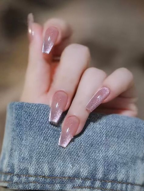 Mystical Acrylic Nails, Coffin Shape Cat Eye Nails, Cat Eyes French Tip Nails, Light Brown Cat Eye Nails, Cat Eye Nails For Fall, Elegant Touch Nails Square, Aesthetic Nail Extensions, Pink Cats Eye Nail, Cat Eye With Chrome Nails