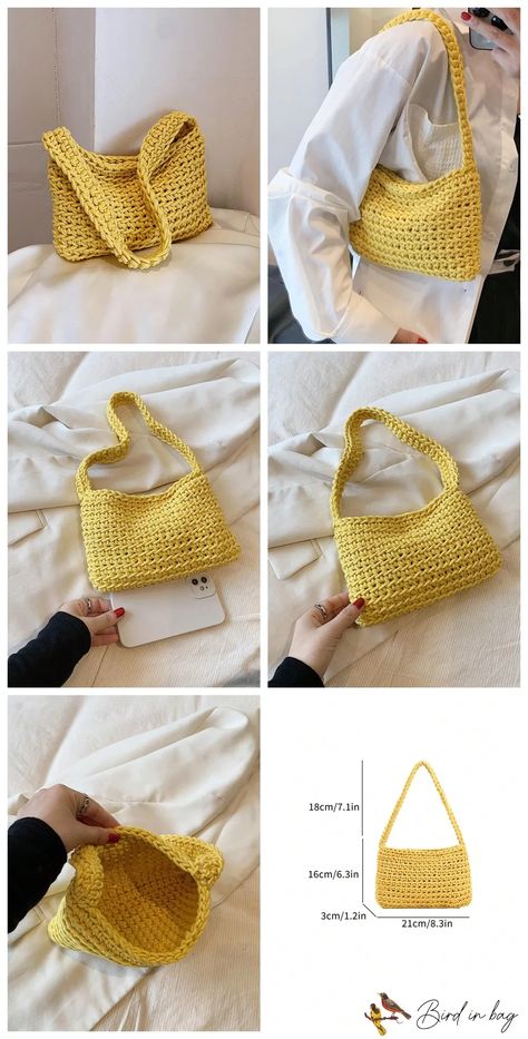 Bird in Bag – Handmade Crochet Square Bag with Knitted Yarn, Single Shoulder Strap – Bird in Bag Crochet One Color Projects, Knitted Shoulder Bag, Simple Crochet Purse, Knit Shoulder Bag, Crochet Bag Shoulder, Crochet Bag Easy Simple, Handmade Shoulder Bag, Winter Crochet Bag, How To Make Crochet Bag