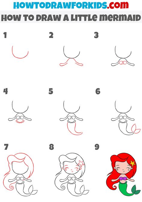 how to draw a little mermaid step by step Mermaid How To Draw, How To Draw Ariel Step By Step Easy, Easy Drawings Mermaid, How To Draw Mermaids Step By Step, How To Draw A Mermaid Step By Step Easy, Mermaid Cute Drawing, How To Draw Ariel Step By Step, Mermaid Drawing Simple, Kids Step By Step Drawing