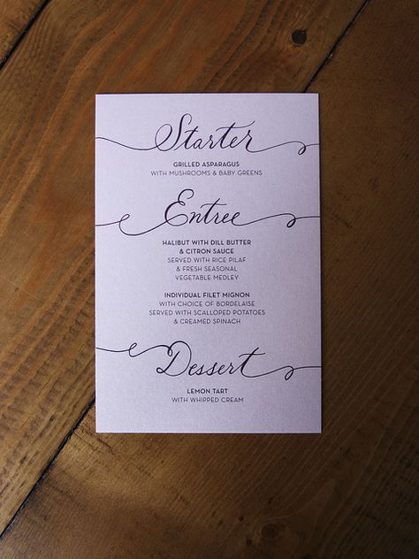 I love this menu. I know it's a tad gimmicky, but there's something really whimsical about it... Set Menu Design Ideas, Anniversary Menu Ideas, Set Menu Design, Nice Lettering, Fancy Lettering, Wedding Card Invitation, Menu Art, Spring Menu, Menu Layout