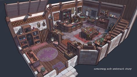 ArtStation - RPG Magic Shop Cutaway, Jordan Thomas Dnd Merchant Shop, Magic Shop Fantasy Art, Magical Shop Aesthetic, Magic Store Concept Art, Magic Shop Concept Art, Dnd Magic Shop, Magic Shop Interior, Fantasy Magic Shop, Dnd Architecture