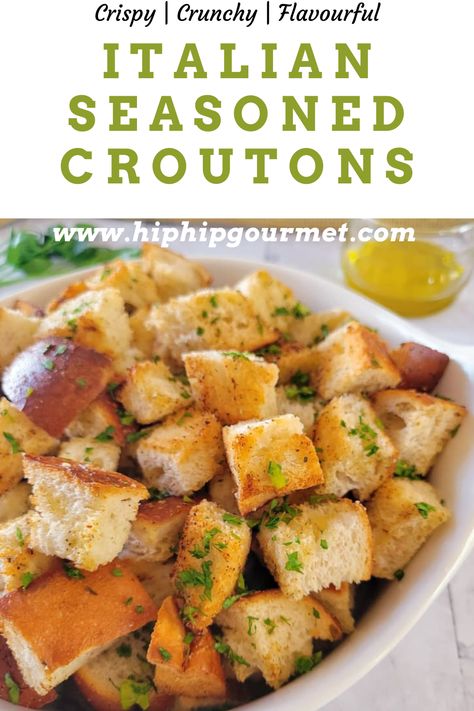 side view of a bowl of croutons, fresh herbs and a jar of olive oil in the background Croutons Homemade Oven, Homemade Croutons Recipe, Croutons From Bread, Home Made Croutons, Boat Recipes, Crouton Salad, Croutons Recipe, Crouton Recipes, Leftover Bread