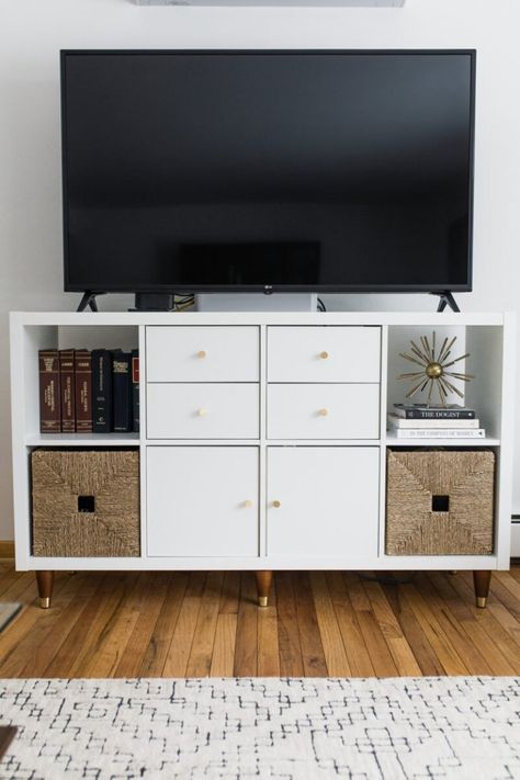 How to Create a Mid Century Modern Console from the IKEA Kallax Ikea Kallax Tv Console, Ikea Kallax Living Room Tv Stands, Ikea Kallax Media Console, Kallax Tv Unit Hack, Kallax Ikea Tv Stand, Kallax Tv Board, Kallax Nightstand, Ikea Kallax Tv Stand, Kallax Tv Unit