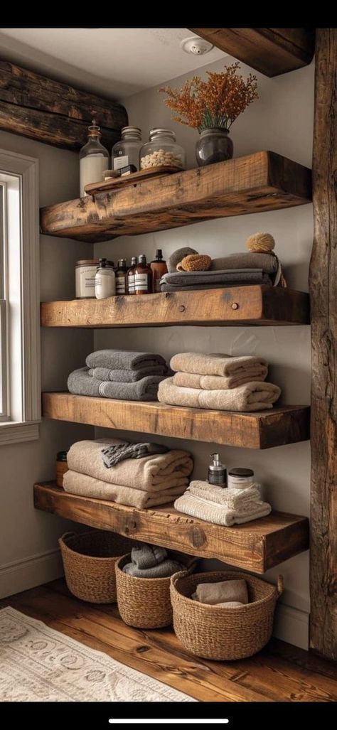 Rustic Kitchen Ideas, Bathroom Storage Hacks, Small Bathroom With Shower, Walnut Shelves, Small Bathroom Storage, Bathroom Inspiration Decor, Bathroom Redo, Simple Bathroom, Storage Hacks