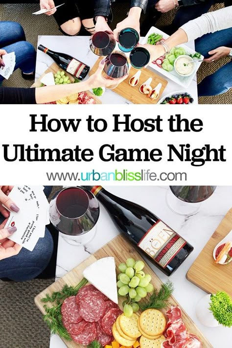 Msg 4 21+ Live your best life with friends and family: host the Ultimate Game Night! Tips for recipes, wine to serve, and more are on UrbanBlissLife.com (AD) #shareboen #bestlifewithboen #collectivebias #partyplanning #wine #gamenight #partyfood #foodblog #wineblog #partytips Dinner For Game Night, Game Night Decorations Ideas, Game Night Foods, Board Game Night Ideas, Game Night Party Favors, Game Night Appetizers, Adult Game Night Ideas, Board Game Night Snacks, Board Game Night Party