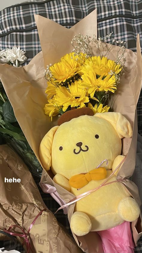 Sanrio Bouquet Aesthetic, Pompompurin Gift Ideas, Plushie Bouquet Aesthetic, Pompompurin Bouquet, Aesthetic Gift Ideas For Boyfriend, Pompompurin Crafts, Pompompurin Plushies, Pompompurin Birthday, Regalo Aesthetic