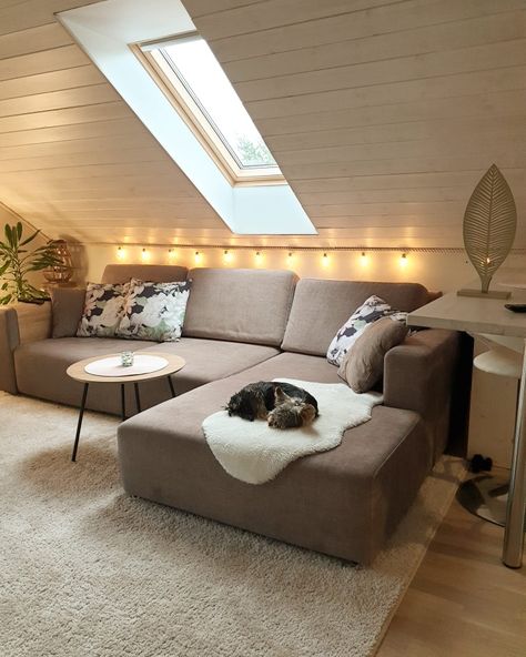 Scandinavian Lights Living Room, Loft Inspiration Cozy, Sloped Room Ideas, Roof Slope Ideas, Living Room Designs Slanted Ceiling, Roof Room Ideas Bedrooms, Pitched Roof Room Ideas, Living Room With Sloped Ceiling, Slopes Ceiling Living Room