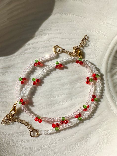 Cherry Bracelet, Cherry Jewelry, Tiny Bracelet, Cherry Charm, Blossom Bracelet, Bracelet Cute, Diy Jewelry Unique, Seed Bead Bracelet, Bracelet Crystal