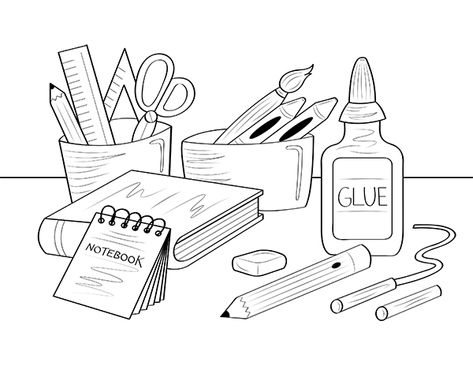 Free printable school supplies coloring page. Download it at https://museprintables.com/download/coloring-page/school-supplies/ School Things Drawing, Back To School Drawing Ideas, Volkswagen Drawing, School Supplies Coloring Pages, School Supplies Drawing, Nike Photoshoot, College Drawing, Kindergarten School Supplies, College School Supplies List