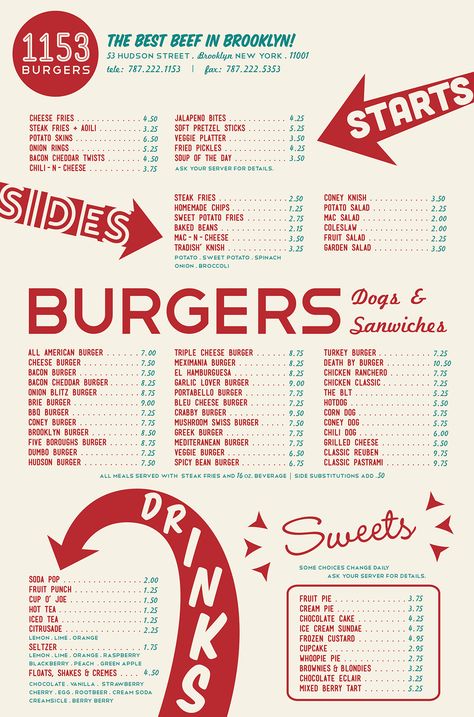 Retro Diner Menu Design, Retro Burger Logo, Red Menu Design, Burger Menu Design Ideas, Burger Restaurant Branding, Menu Drink Design, Diner Menu Design, Retro Menu Design, Burger Branding Design