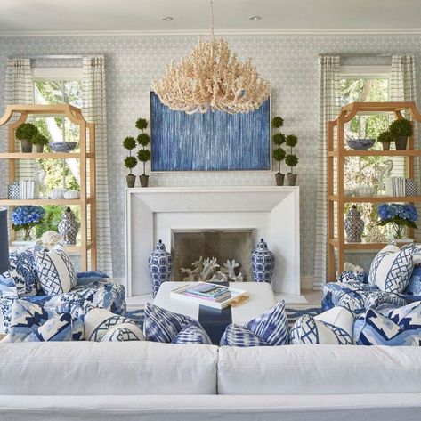 The Seychelles Coco Chandelier is a true statement piece in this coastal-infused living room we created for @hamptondesignershowhouse. Crafted from tiny, hand-beaded coco beads, its equal parts beauty and art form. Shop the look at the link in our bio. Blue And White Living Room, Barclay Butera, Blue White Decor, White Living, White Living Room, Living Room White, Blue Living Room, Blue Rooms, Asian Inspired