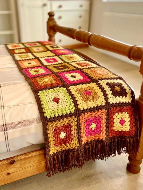 Granny Square Bed Runner, Crochet Bed Runner, Crochet Swirl, Crochet Patchwork Blanket, Autumn Blanket, Square Bed, Granny Stripe Blanket, V Stitch Crochet, Crochet Bed