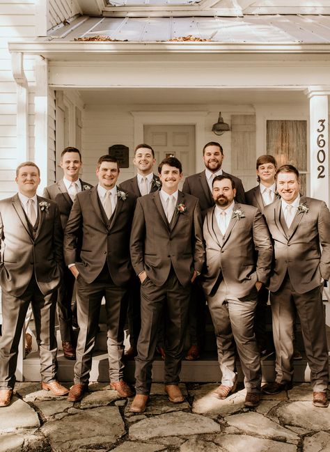 Tux With Boots Wedding, Charcoal Suit Fall Wedding, Grey Suit With Cowboy Boots, Groomsmen Outfit Ideas Rustic, Rust And Grey Wedding, Dark Brown Groomsmen Suits, Suits With Cowboy Boots, Groomsmen Boots, Suits With Boots