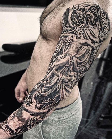 Sculpture Tattoo Sleeve, Jesus Tattoo Sleeve, Religious Tattoo Sleeves, Sculpture Tattoo, Angel Sleeve Tattoo, Christus Tattoo, Hyper Realistic Tattoo, Heaven Tattoos, Christian Sleeve Tattoo