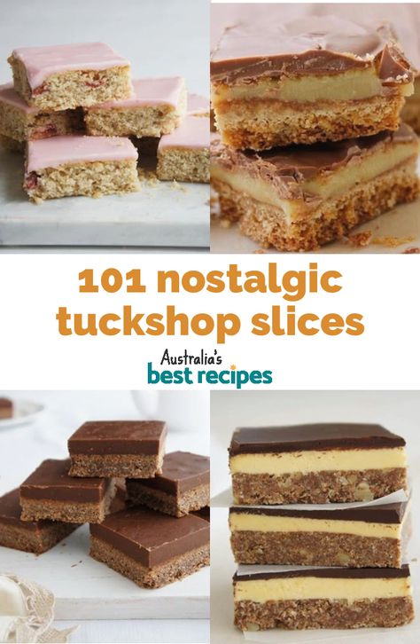 Whether you’re looking for a quick slice to have alongside your morning cuppa, or something to serve up at your next bake sale, it’s hard to go past these retro-style recipes. #slices #baking #dessert #tuckshop #oldschoolrecipes #classicrecipes #australia #australian #australianrecipes Cheap Traybake Recipes, Homemade Bake Sale Ideas, Australian Slice Recipes, Australian Desserts Easy, Quick Slices Recipes, Cwa Recipes Australia, Tray Bakes Cakes, Sweet Slices Recipes, Easy Slice Recipes