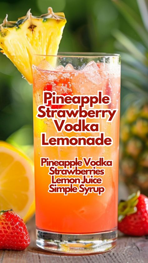 During sunny days at the bar, Pineapple Vodka Strawberry Lemonade is always a hit. This drink mixes sweet strawberries with tangy lemon and the tropical hint of pineapple vodka for a refreshing twist. Guests enjoy its fresh, lively taste, perfect for cooling down and relaxing. #pineapplestrawberryvodkalemonade via @mybartender Pineapple Vodka Lemonade, Fresh Pineapple Drinks Alcohol, Lemonade With Alcohol Recipes, Cocktail Recipes With Lemonade, Best Sweet Alcoholic Drinks, Good Summer Drinks Non Alcoholic, Mixed Drinks With Pineapple Juice, Alcoholic Drinks With Lemonade, Lemonade Mixed Drinks Alcohol