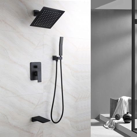 Rain Shower System, Brass Shower Head, Matte Black Bathroom, Contemporary Shower, Shower Fixtures, Rainfall Shower Head, Tub Spout, Black Shower, Rainfall Shower