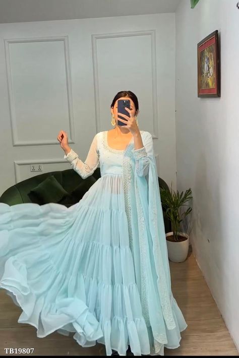 For price or more details DM me Blue Anarkali Dress, Women Gown, Kurta With Dupatta, Blue Anarkali, Blue Colour Dress, Desi Dress, Simple Frock Design, Gown With Dupatta, Anarkali Dress Pattern