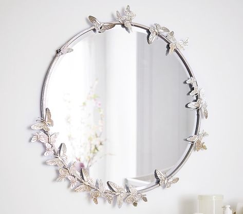 Monique Lhuillier Round Butterfly Kids Mirror | Pottery Barn Kids Mirror With Butterflies, Butterfly Themed Room, Aesthetic Mirrors, Kids Mirror, Mountain Chateau, Mirror Pottery, Butterfly Bedroom, Kids Mirrors, Butterfly Mirror