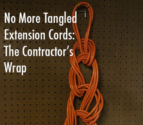 No More Tangled Extension Cords: How to Wrap Up Your Extension Cord Like a Contractor | The Art of Manliness Organizing Things, Extension Cords, Garage Organize, How To Wrap, Garage Shed, Workshop Ideas, Workshop Organization, Garage Shop, Garage Tools