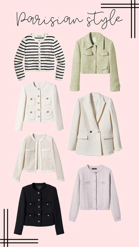 Collage of textured blazers and tweed jackets for spring. White Button Down Office Outfit, White Chanel Blazer Outfit, Chanel Inspired Tweed Jacket, Boucle Jacket Outfit Casual, Spring Tweed Jacket Outfit, Parisian Blazer Outfit, Cardigan Blazer Outfit, Cream Boucle Jacket Outfit, Cream Tweed Blazer Outfit