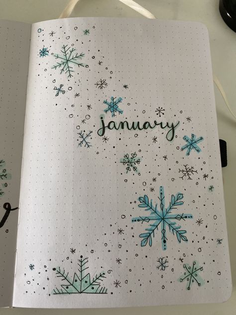 Ways To Write January, January Scrapbook Page, January Bujo Theme, Bujo January Theme, Bullet Journal Ideas January, January Drawings, Journal Ideas January, January Bujo Cover, January Tracker