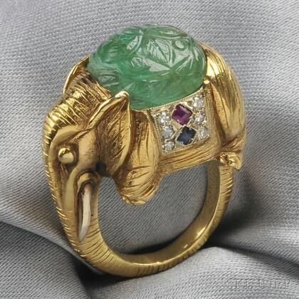 18kt Gold, Carved Emerald, and Gem-set Elephant Ring, Cartier 2610B, 637 | Skinner Auctioneers Mughal Jewelry, Carved Emerald, Rajputi Jewellery, Emerald Cabochon, Elephant Ring, Elephant Jewelry, Gold Elephant, Jewelry Auction, Ancient Jewelry