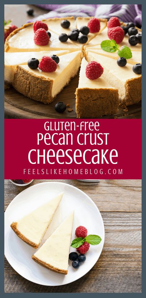 Pecan Crust Cheesecake, Cheesecake With Pecan Crust, Thick Chocolate Ganache, Gluten Free Cheesecake Crust, Cheesecake Crust Recipe, Gluten Free Cheesecake Recipes, Gluten Free Pecan, Dairy Free Cheesecake, Pecan Crust