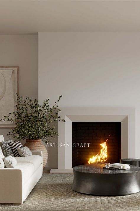 Beveled Fireplace Mantel Surround limestone cast by Artisan Kraft. Shop this and more cast stone fireplace mantel surrounds in the link below. Limestone Mantel Fireplace, Modern Square Fireplace, Modern Fireplace With Hearth, Stone Mantle Fireplace, Modern Limestone Fireplace, Modern Gas Fireplace Ideas, Rounded Fireplace, Transitional Fireplace Design, Combustion Fireplace