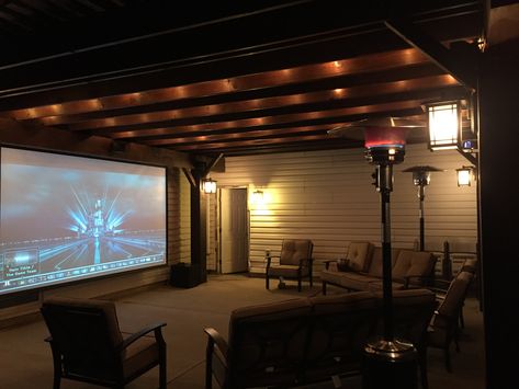 DIY Pergola, Pergola post lighting, optoma projector, 150" movie  projection screen, surround sound Yamaha outdoors speakers, patio furniture, space heaters, string lights and movie in the backyard = outdoor theater Backyard Projector Screen, Backyard Theater Ideas, Outdoor Theater Ideas, Backyard Movie Screen, Backyard Theater, Backyard Movie Theaters, Projector Screens, Hangout Ideas, Outdoor Movie Theater