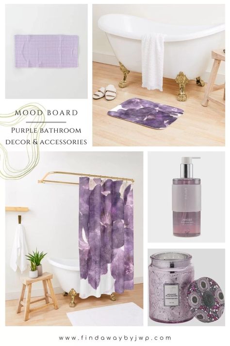 Purple Bathroom Ideas, Light Blue Bedding, Purple Bathroom Decor, Purple Bath, Purple Bathroom, Beautiful Bathroom Decor, Purple Towels, Purple Shower Curtain, White Bath Mat