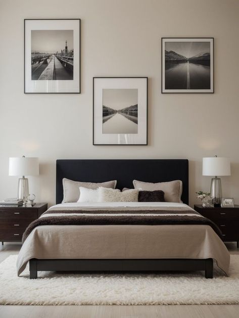 Create a stunning bedroom focal point by displaying a collage of your favorite photographs or artwork on the wall. Complement the collage with a sleek, minimalist bed frame and a plush faux fur rug for a stylish and contemporary touch. 2 Frames Above Bed, Light Masculine Bedroom, Bedrooms With Dark Carpet, Neutral Bedroom With Black Bed Frame, Black Bedroom Ideas Aesthetic, Bedroom Gray Bed, Gallery Wall Bedroom Above Bed, Bedroom Ideas Black Bed Frame, Black Furniture Bedroom Aesthetic