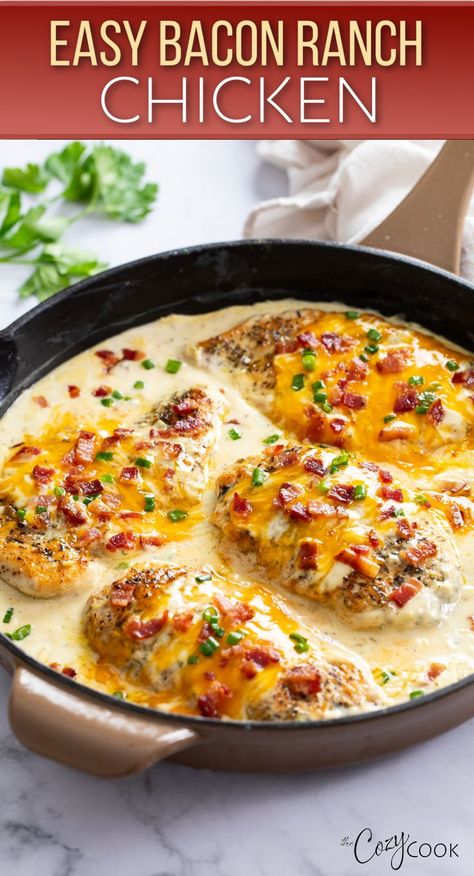 bacon ranch chicken in a creamy cheese sauce Bacon Ranch Sauce, Chicken Bacon Heavy Cream Recipes, Essen, Chicken Bacon And Broccoli Recipes, Bacon And Cheese Recipes, Chicken Bacon Cheese Recipes, Chicken Ranch Bake, Leftover Chicken And Bacon Recipes, Chicken Recipes With Buttermilk