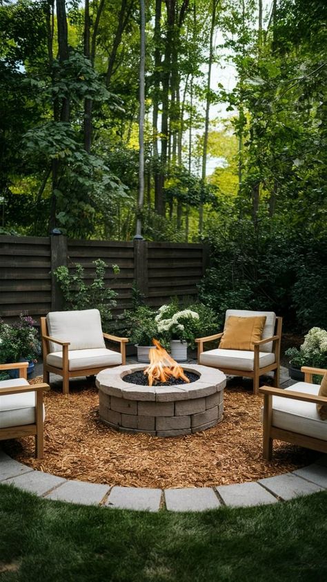 Covered Patio Landscaping, Backyard Burn Pit Ideas, Firepits Backyard With Mulch, Fire Pit Ground Cover, Simple Landscaping Ideas Backyard, Bonfire Diy Backyard, Mulched Fire Pit Area, Simple Diy Fire Pit Area, Angled Backyard Ideas